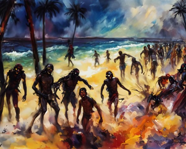 Vibrant Seashore Scene with Figures and Palm Trees