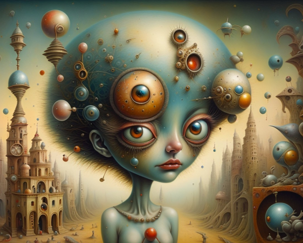 Surreal Landscape with Humanoid Figure and Whimsical Towers