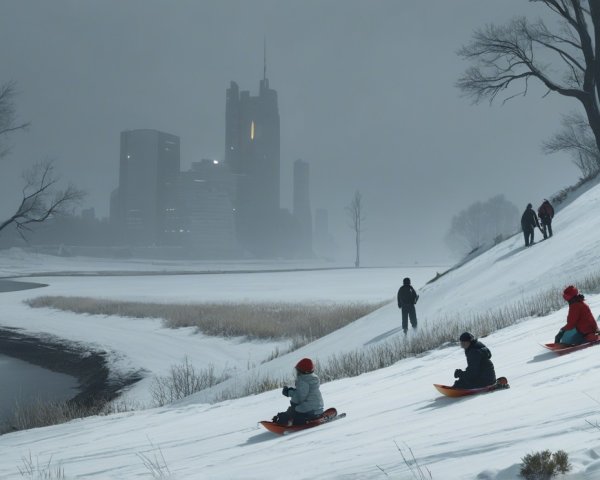 Winter Sledding Scene with Urban Skyline Background