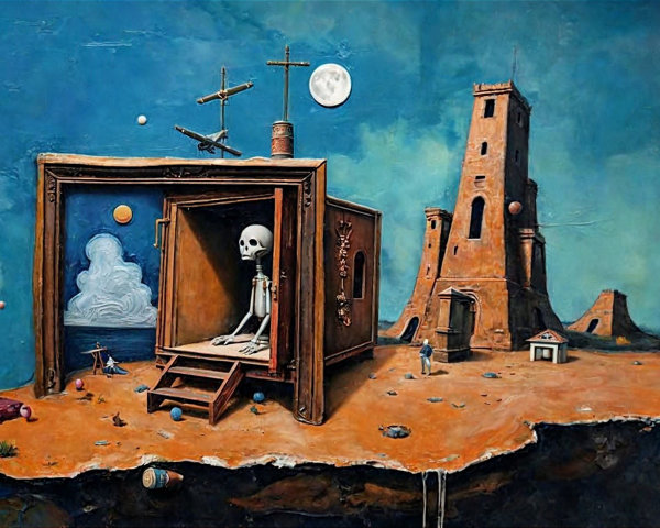 Surreal Landscape with Wooden Box and Skeletal Figure