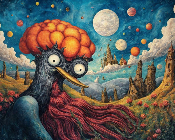 Surreal Landscape with Fantastical Creature and Planets