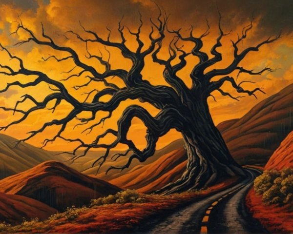 Surreal Landscape with Leafless Tree and Sunset Hues