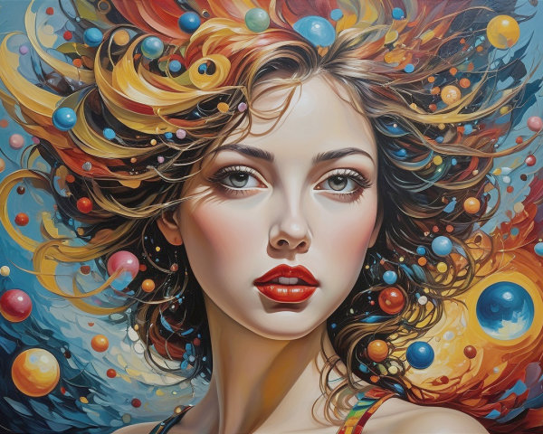 Vibrant Portrait of a Young Woman with Cosmic Elements