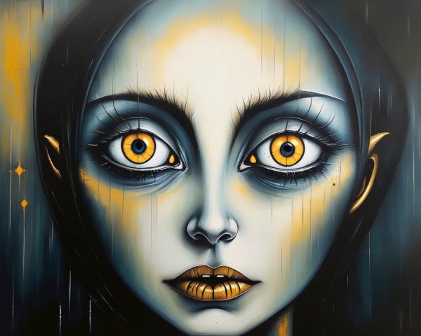 Surreal Female Face with Luminous Yellow Eyes