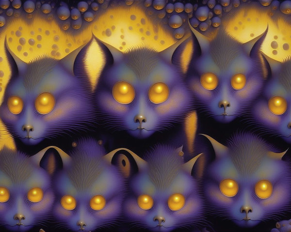 Stylized Cat Faces with Glowing Yellow Eyes on Purple