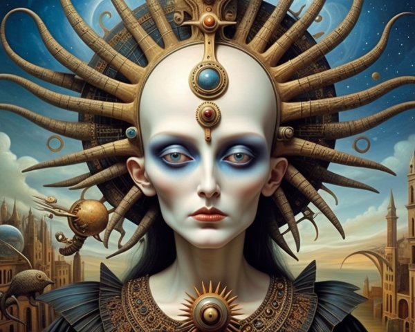 Otherworldly figure in celestial headgear and cosmic landscape