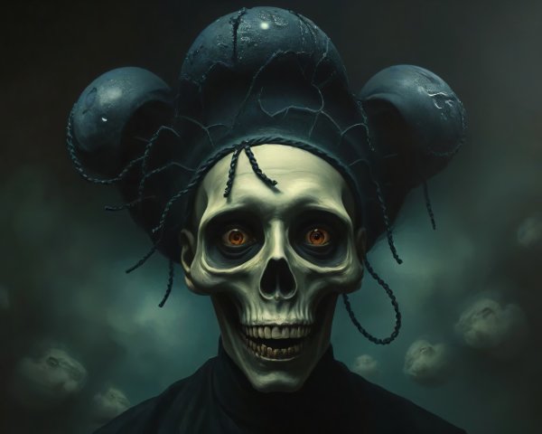 Sinister figure with skull face and eerie headdress