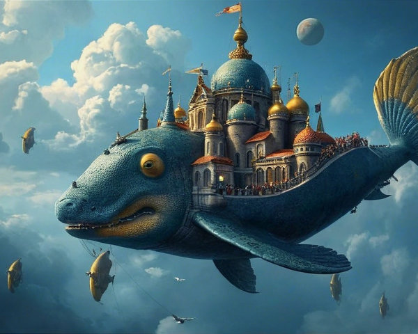 Giant Blue Fish with Castle in Dreamy Sky Scene