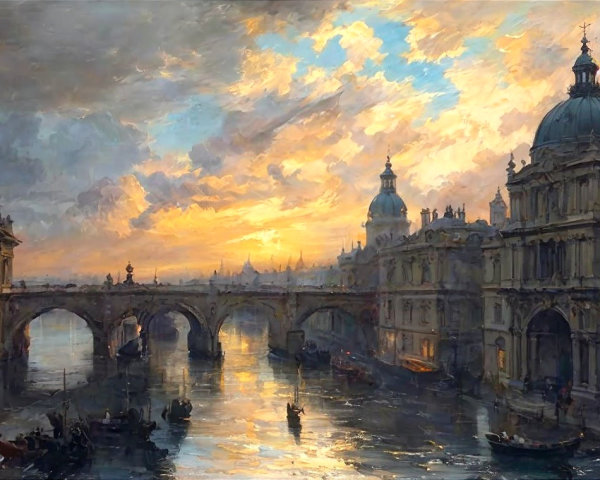 Serene Sunset Over Historic Cityscape with Riverbanks