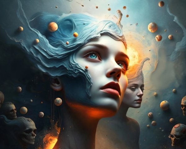 Surreal depiction of women with cosmic elements