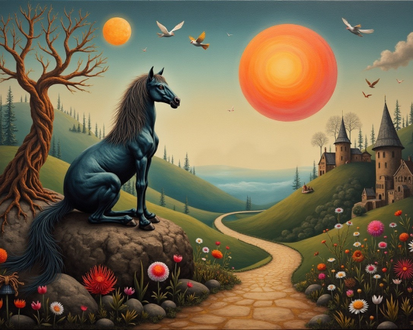 Majestic Blue Horse in Dreamlike Landscape with Suns