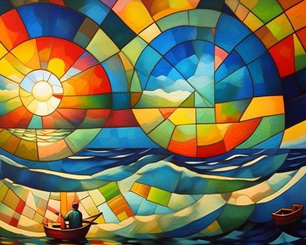Vibrant Stained Glass Seascape with Boats and Sky
