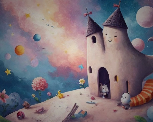 Whimsical castle on a colorful hillside with creatures