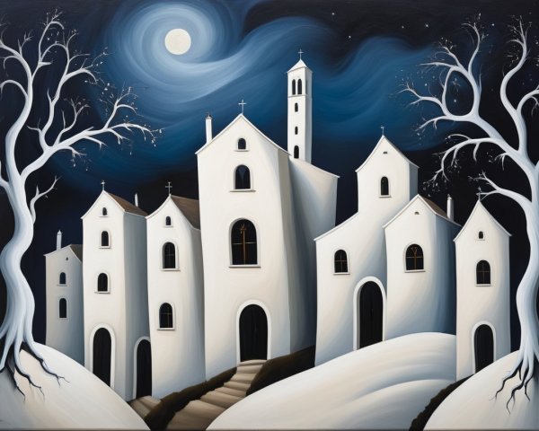 Whimsical Moonlit Landscape with White Buildings