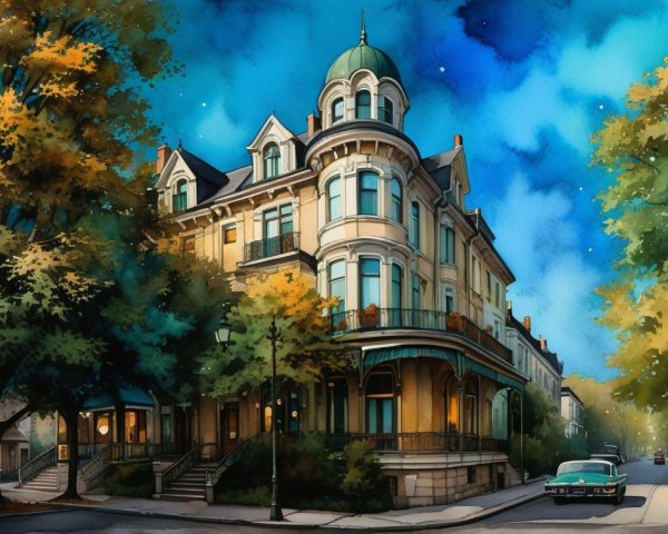 Vintage mansion under starry sky with autumn trees