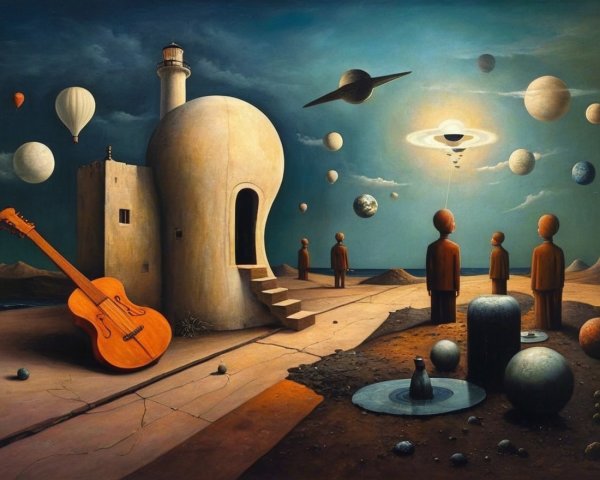 Surreal Landscape with Whimsical Lighthouse and Figures