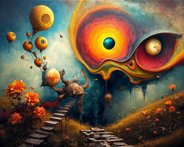Surreal Landscape with Whimsical Cat Figure and Balloons
