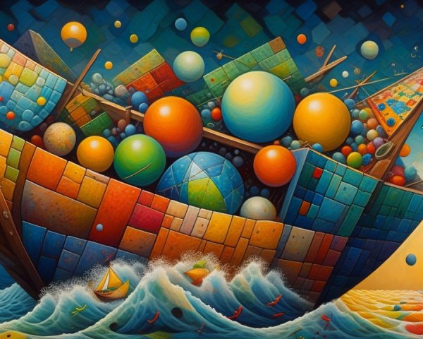 Surreal Abstract Ship with Colorful Geometric Shapes