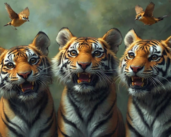 Three Tigers in Serene Forest with Playful Birds