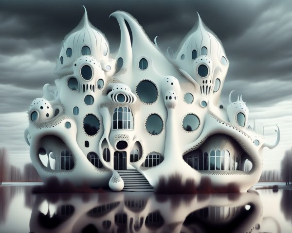 Surreal Organic Architecture by a Serene Lake