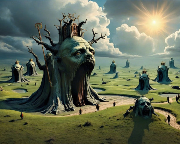 Surreal Landscape with Twisted Trees and Eerie Castles