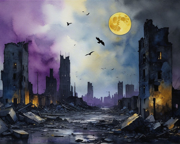 Post-Apocalyptic Landscape with Twilight Sky and Bats