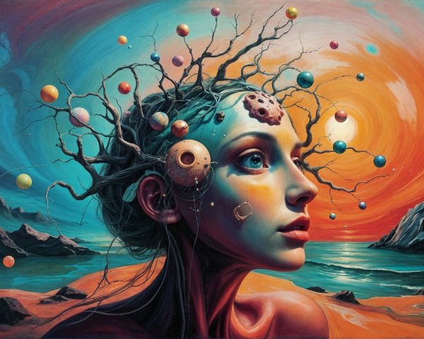 Surreal Portrait of Woman with Celestial Elements