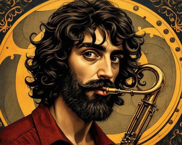Man with Saxophone Against Artistic Circular Background