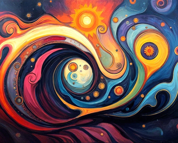 Abstract Cosmic Scene with Vibrant Colors and Patterns