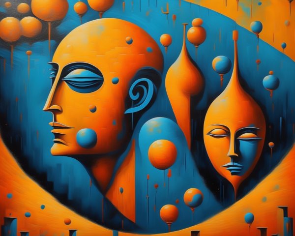 Abstract Surreal Faces with Vibrant Blue and Orange Hues