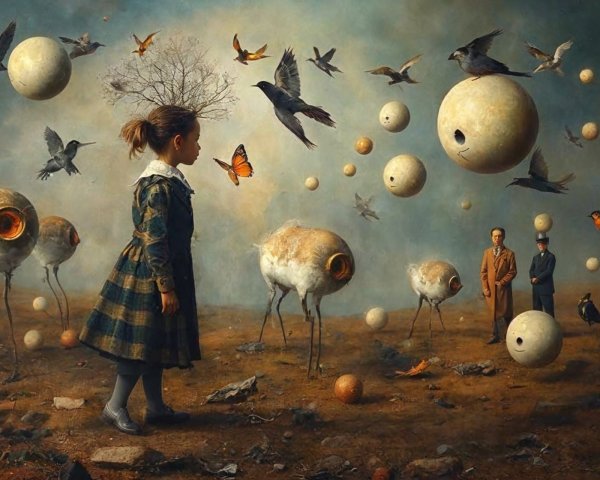 Surreal Landscape with a Girl and Whimsical Creatures