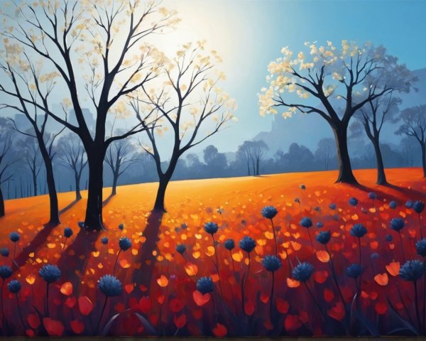 Vibrant Autumn Landscape with Blossoms and Wildflowers