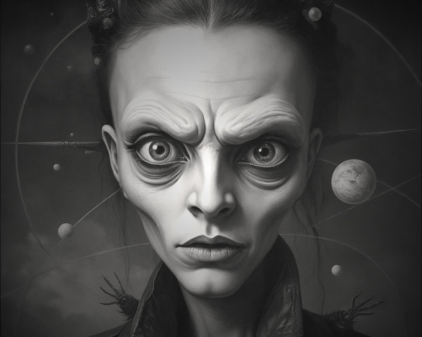 Monochromatic Portrait of a Woman with Celestial Background