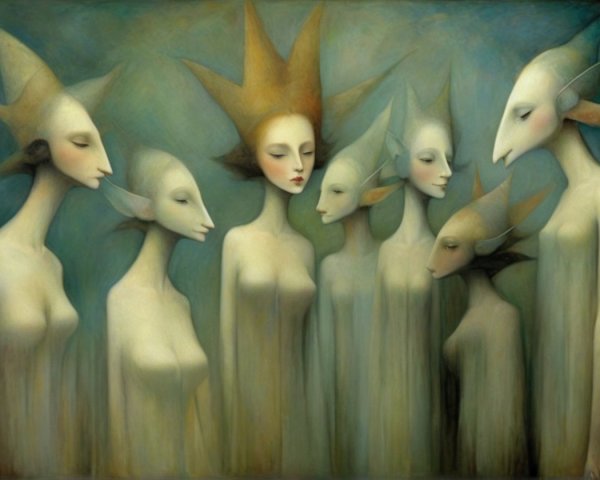 Group of Seven Ethereal Figures in Dreamlike Setting