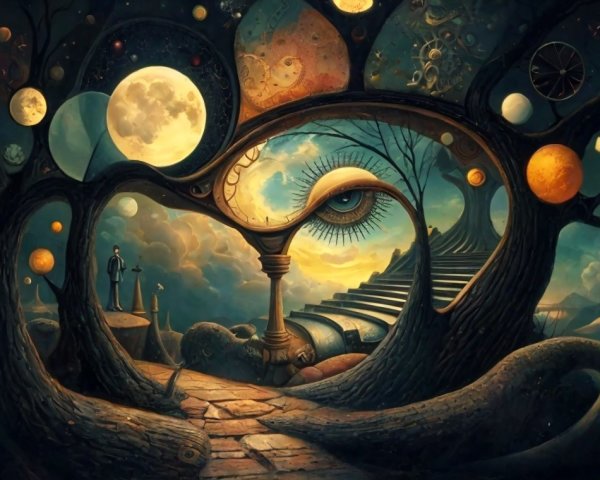 Surreal Landscape with Eye-Shaped Archway and Trees