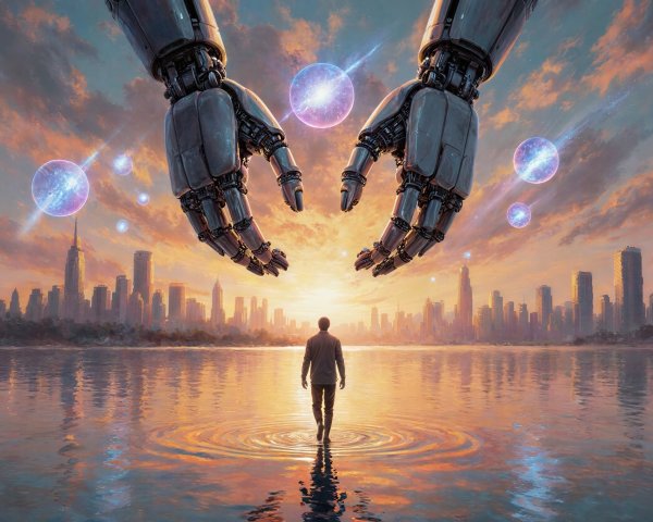 Surreal Painting of Man Walking on Water Towards City