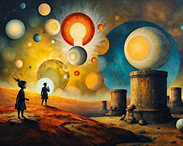 Children in a Surreal Landscape with Glowing Orbs