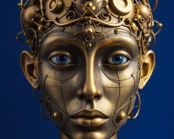 Gold Humanoid Head Sculpture with Mechanical Elements