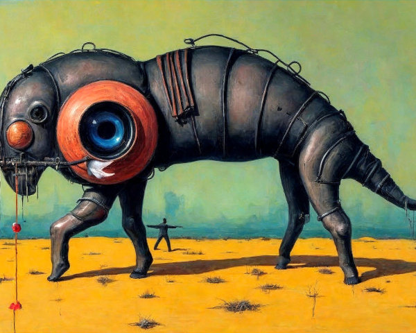 Surreal Mechanical Caterpillar in Vibrant Landscape