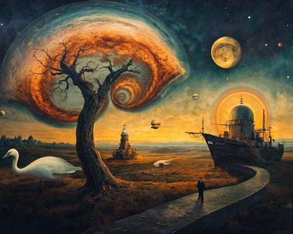 Surreal Landscape with Twisted Tree and Celestial Bodies