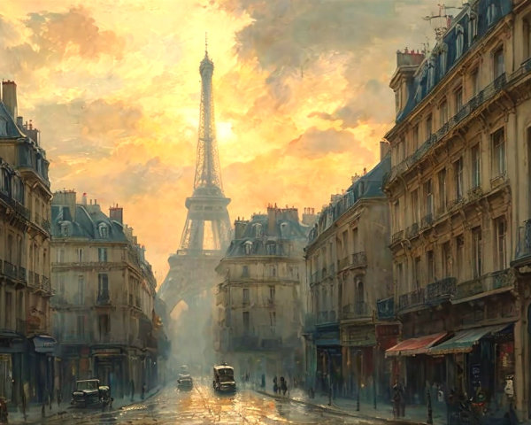 Paris Sunset with Eiffel Tower and Cobblestone Streets