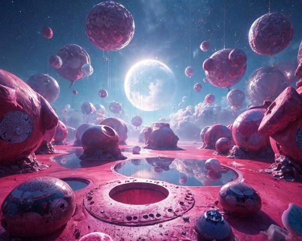 Surreal Dreamlike Landscape with Glossy Spheres
