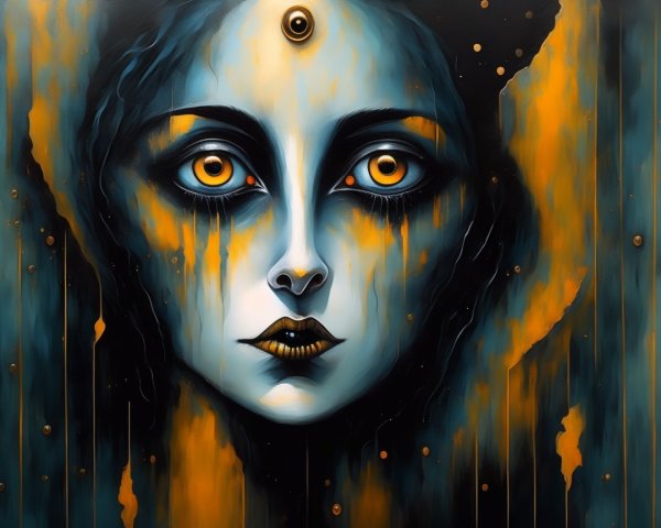Haunting Face with Vivid Orange Eyes and Mystical Elements
