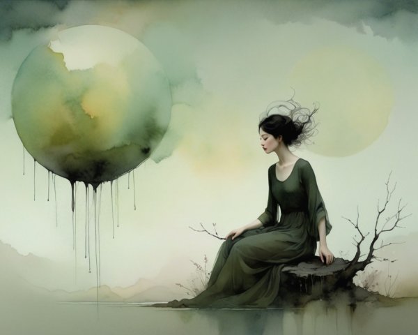 Serene Woman in Green Gown Gazes at Ethereal Orb
