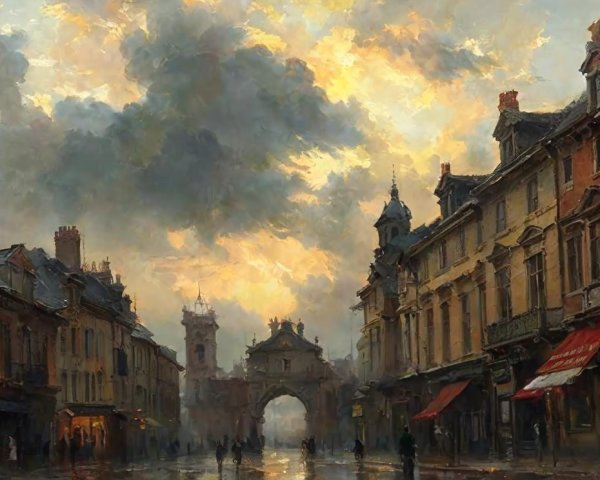 Quaint Dusk Street Scene with Elegant Architecture