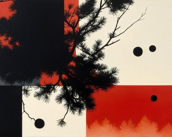 Bold Geometric Artwork with Pine Silhouette and Sunset