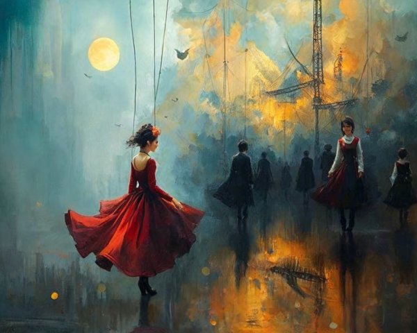 Dreamlike Scene of a Girl in a Red Dress Twirling