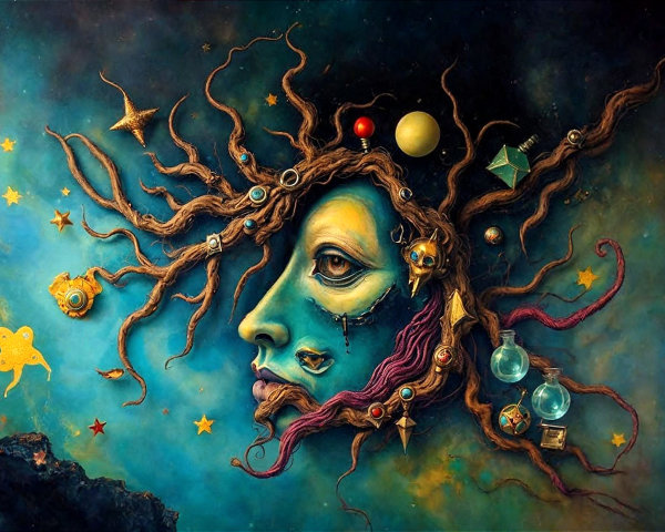 Surreal Cosmic Face with Intricate Hair and Stars