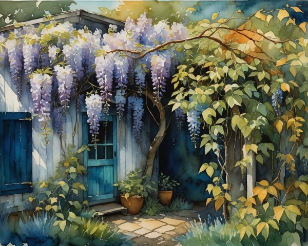 Charming garden with wisteria and serene pathway