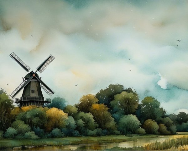 Serene Landscape with Windmill and Calm River